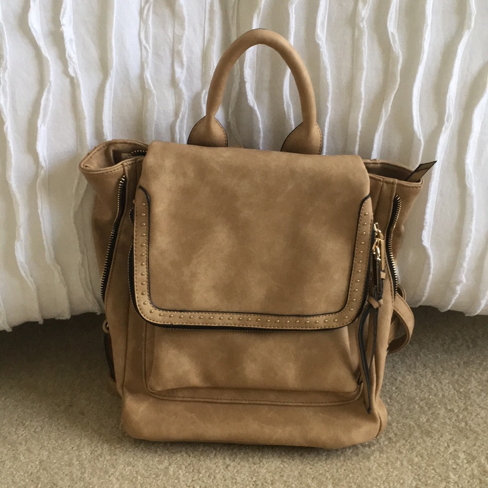 Faux Leather Nude Backpack with Gold Studs